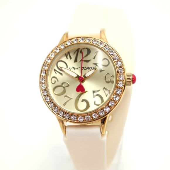 Betsey Johnson Gold Tone 30mm Watch Gem Bezel White Silicone Wrap w New Battery - Picture 1 of 9